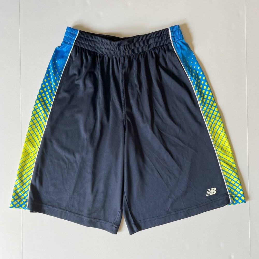 NEW BALANCE Boys Athletic Shorts Size L Dri-Fit EUC Navy/Blue/Yellow Basketball